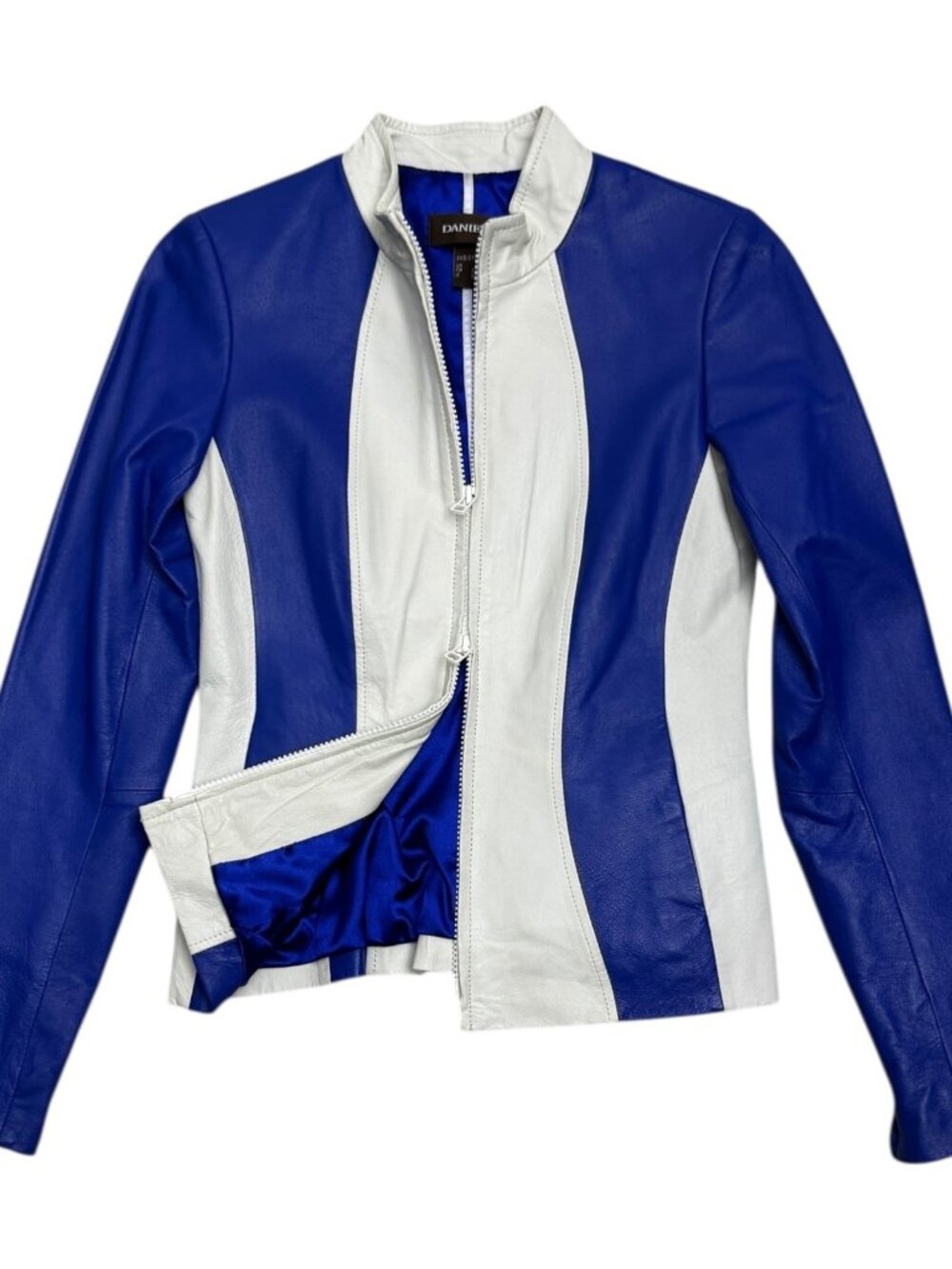 DANIER LEATHER Blue Luxury Designer Casual Motorcycle Bomber Jacket Womens 3XS